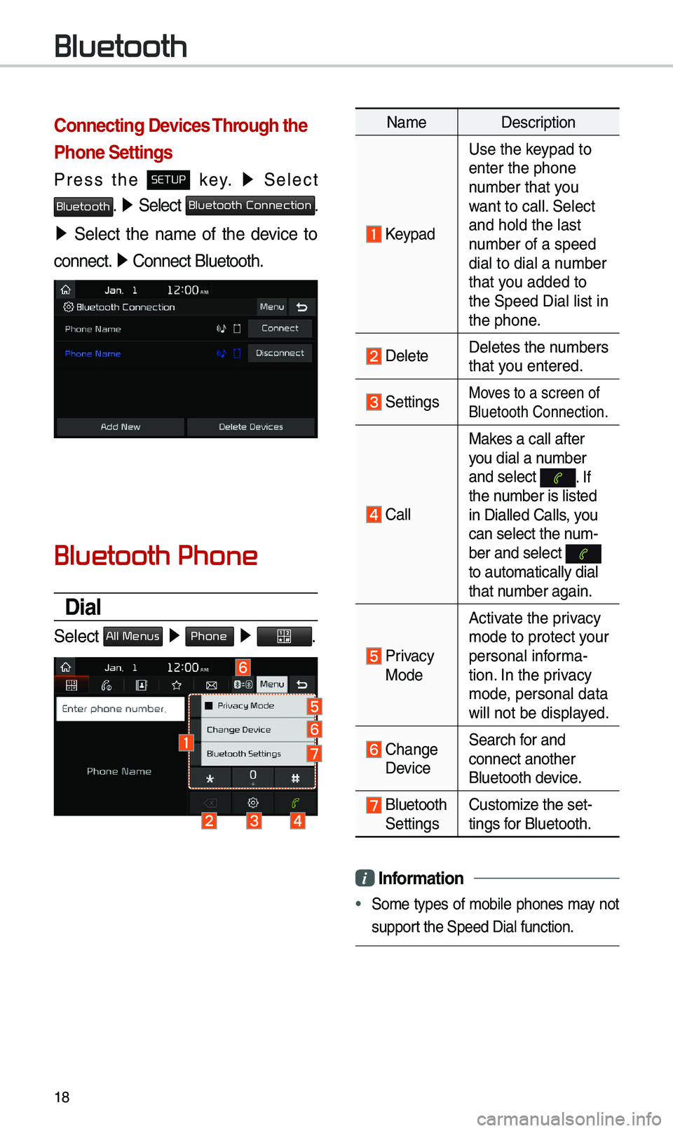 KIA SEDONA 2020 Navigation System Quick Reference Guide 18
Connecting Devices Through the
Phone Settings
Press the SETUP key. â–¶
Select
Bluetooth. â–¶ Select Bluetooth Connection.
â–¶ Select the na\be of the device to
connect. â–¶
Connec KIA SEDONA 2020 Navigation System Quick Reference Guide 18
Connecting Devices Through the
Phone Settings
Press the SETUP key. â–¶
Select
Bluetooth. â–¶ Select Bluetooth Connection.
â–¶ Select the na\be of the device to
connect. â–¶
Connec