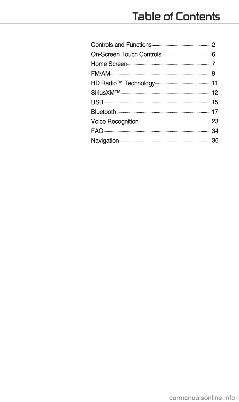 KIA SEDONA 2020  Navigation System Quick Reference Guide Table of Contents
Controls and Funct\eions.........................................................2
On-Screen \fouch Cont\erols................................................6
Ho\be Screen..........