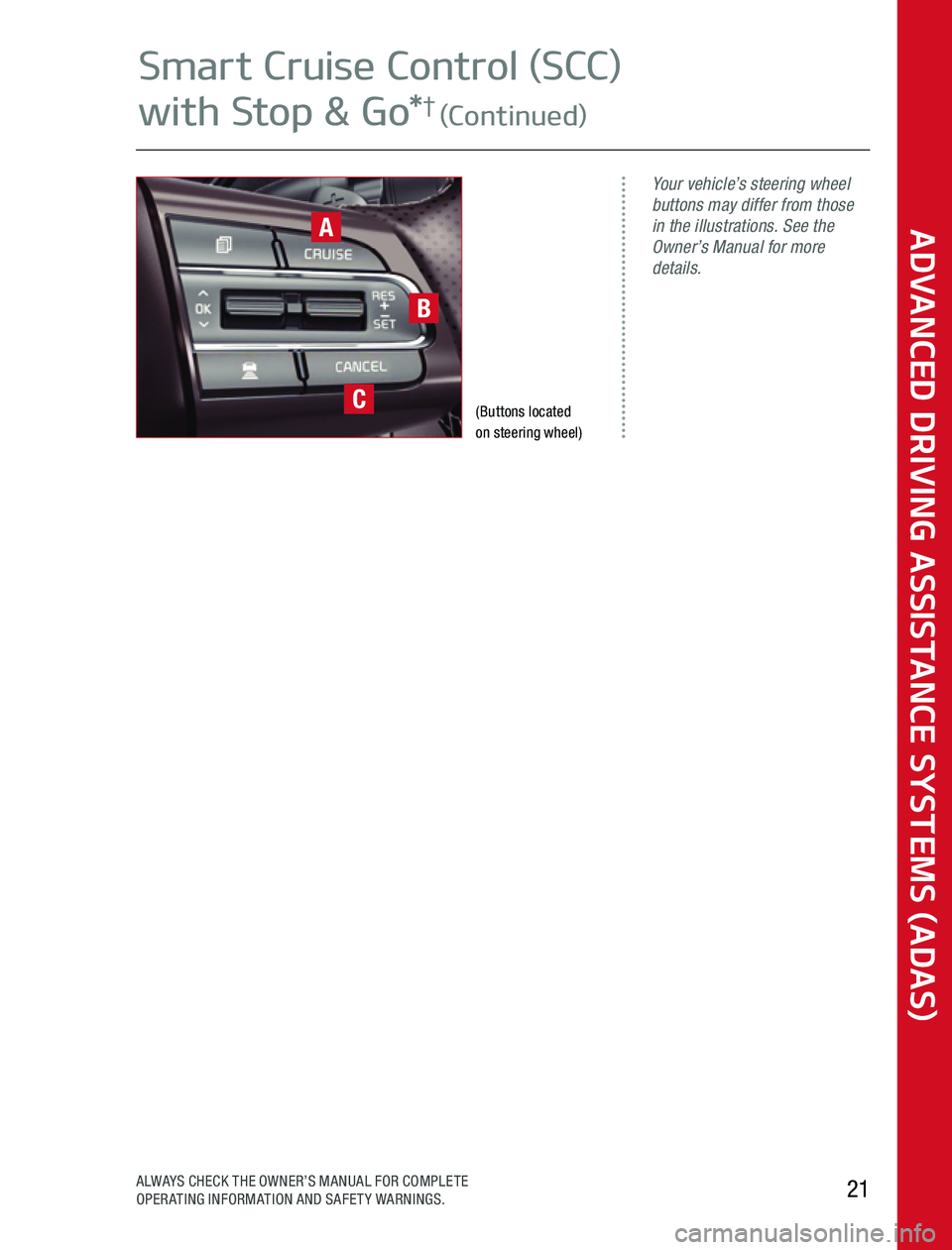 KIA SEDONA 2020 Advanced Driving Assistance System (Buttons located on steering wheel)
Your vehicle’s steering wheel buttons may differ from those in the illustrations. See the Owner’s Manual for more details.
21ALWAYS CHECK THE OWNER’S MANUAL KIA SEDONA 2020 Advanced Driving Assistance System (Buttons located on steering wheel)
Your vehicle’s steering wheel buttons may differ from those in the illustrations. See the Owner’s Manual for more details.
21ALWAYS CHECK THE OWNER’S MANUAL