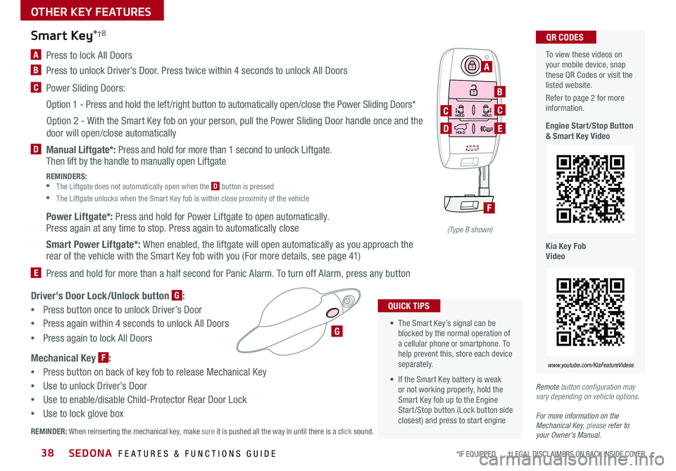 KIA SEDONA 2019 Features and Functions Guide SEDONA FEATURES & FUNCTIONS GUIDE38*IF EQUIPPED †LEGAL DISCL AIMERS ON BACK INSIDE COVER
Smart Key*†8
A Press to lock All Doors
B
Press to unlock Driver’s Door Press twice within 4 KIA SEDONA 2019 Features and Functions Guide SEDONA FEATURES & FUNCTIONS GUIDE38*IF EQUIPPED †LEGAL DISCL AIMERS ON BACK INSIDE COVER
Smart Key*†8
A Press to lock All Doors
B
Press to unlock Driver’s Door Press twice within 4