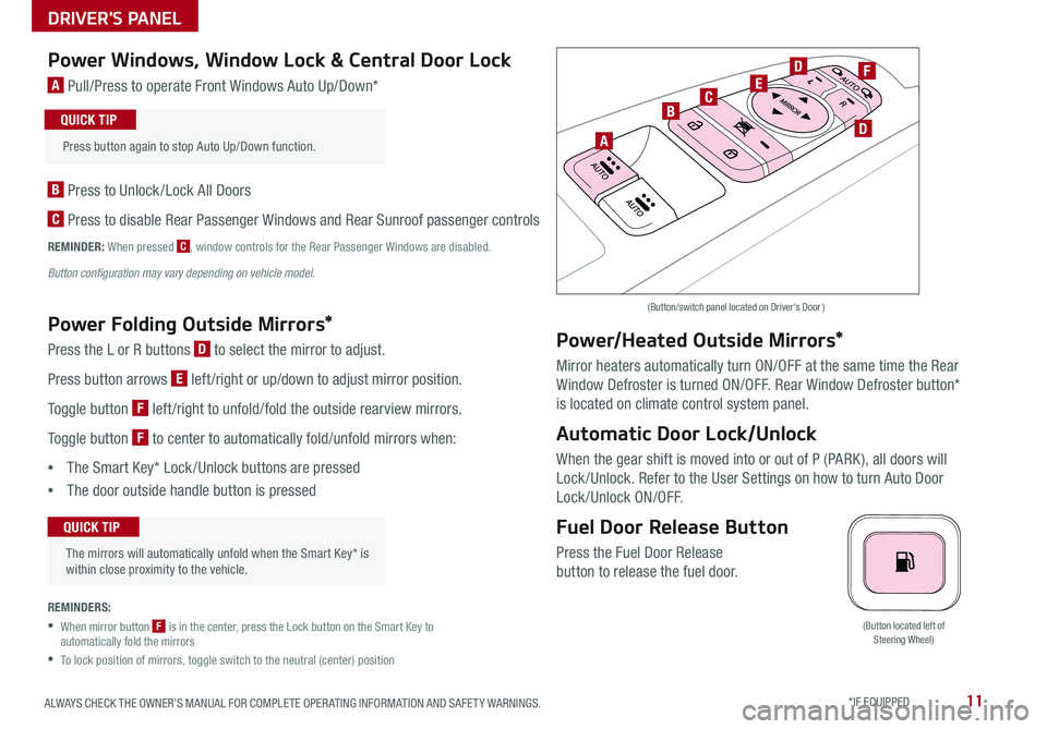 KIA SEDONA 2018 Features and Functions Guide 11ALWAYS CHECK THE OWNER’S MANUAL FOR COMPLETE OPER ATING INFORMATION AND SAFET Y WARNINGS *IF EQUIPPED
(Button located left of Steering Wheel)
Power Windows, Window Lock & Central Door Lock
A Pul KIA SEDONA 2018 Features and Functions Guide 11ALWAYS CHECK THE OWNER’S MANUAL FOR COMPLETE OPER ATING INFORMATION AND SAFET Y WARNINGS *IF EQUIPPED
(Button located left of Steering Wheel)
Power Windows, Window Lock & Central Door Lock
A Pul