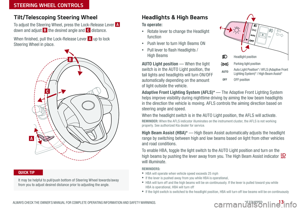 KIA SEDONA 2018 Features and Functions Guide 13ALWAYS CHECK THE OWNER’S MANUAL FOR COMPLETE OPER ATING INFORMATION AND SAFET Y WARNINGS *IF EQUIPPED
Tilt/Telescoping Steering Wheel
To adjust the Steering Wheel, press the Lock-Release Lever A KIA SEDONA 2018 Features and Functions Guide 13ALWAYS CHECK THE OWNER’S MANUAL FOR COMPLETE OPER ATING INFORMATION AND SAFET Y WARNINGS *IF EQUIPPED
Tilt/Telescoping Steering Wheel
To adjust the Steering Wheel, press the Lock-Release Lever A