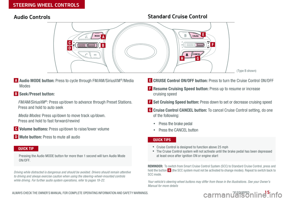 KIA SEDONA 2018  Features and Functions Guide 15ALWAYS CHECK THE OWNER’S MANUAL FOR COMPLETE OPER ATING INFORMATION AND SAFET Y WARNINGS  *IF EQUIPPED 
REMINDER:  To switch from Smart Cruise Control System (SCC) to Standard Cruise Control, pres