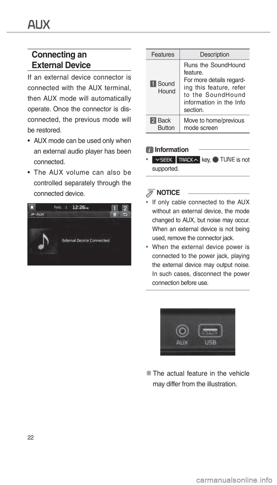 KIA SEDONA 2018  Navigation System Quick Reference Guide 22
Features Description
 Sound
     Hound Runs the SoundHound 
feature.
For more details regard-
ing this feature, refer 
to the SoundHound 
information in the Info 
section.
  Back 
 Button  Move to 