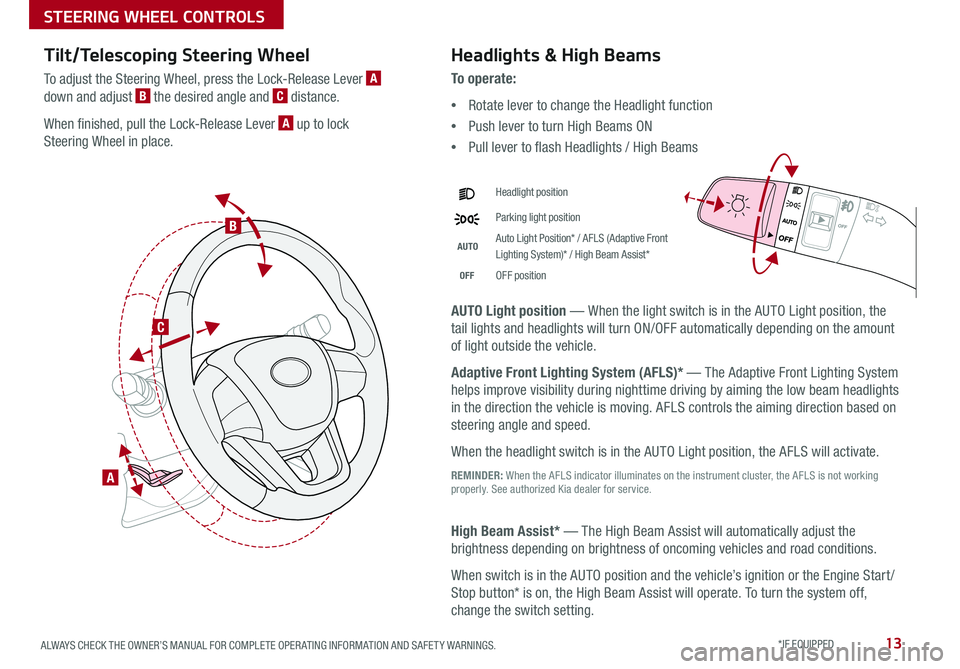 KIA SEDONA 2017 Features and Functions Guide 13ALWAYS CHECK THE OWNER’S MANUAL FOR COMPLETE OPER ATING INFORMATION AND SAFET Y WARNINGS *IF EQUIPPED
Tilt/Telescoping Steering Wheel
To adjust the Steering Wheel, press the Lock-Release Lever A KIA SEDONA 2017 Features and Functions Guide 13ALWAYS CHECK THE OWNER’S MANUAL FOR COMPLETE OPER ATING INFORMATION AND SAFET Y WARNINGS *IF EQUIPPED
Tilt/Telescoping Steering Wheel
To adjust the Steering Wheel, press the Lock-Release Lever A