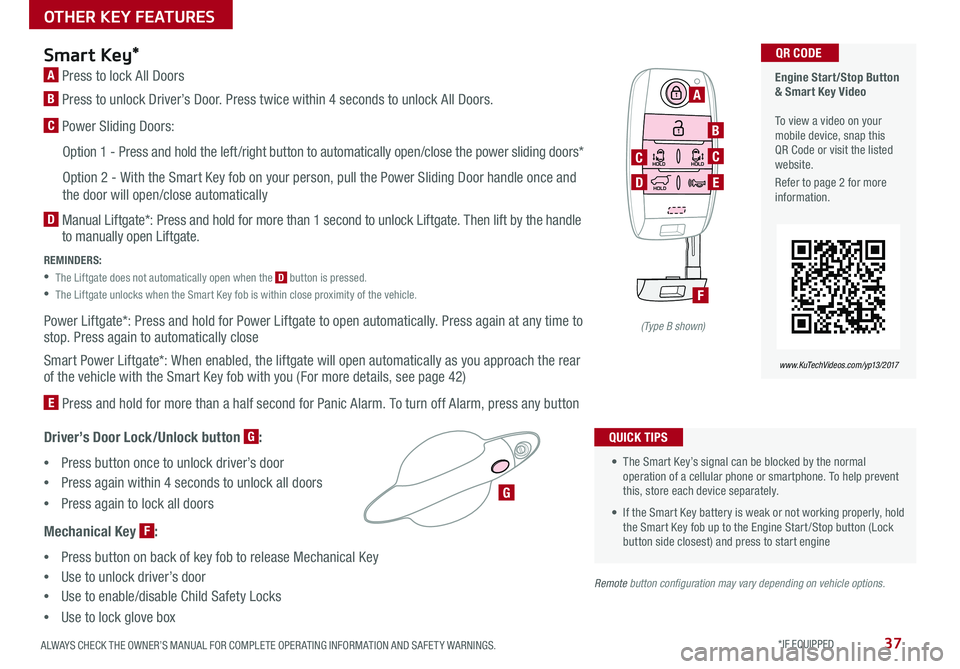 KIA SEDONA 2017 Features and Functions Guide 37ALWAYS CHECK THE OWNER’S MANUAL FOR COMPLETE OPER ATING INFORMATION AND SAFET Y WARNINGS *IF EQUIPPED
Engine Start/Stop Button & Smart Key Video To view a video on your mobile device, snap t KIA SEDONA 2017 Features and Functions Guide 37ALWAYS CHECK THE OWNER’S MANUAL FOR COMPLETE OPER ATING INFORMATION AND SAFET Y WARNINGS *IF EQUIPPED
Engine Start/Stop Button & Smart Key Video To view a video on your mobile device, snap t