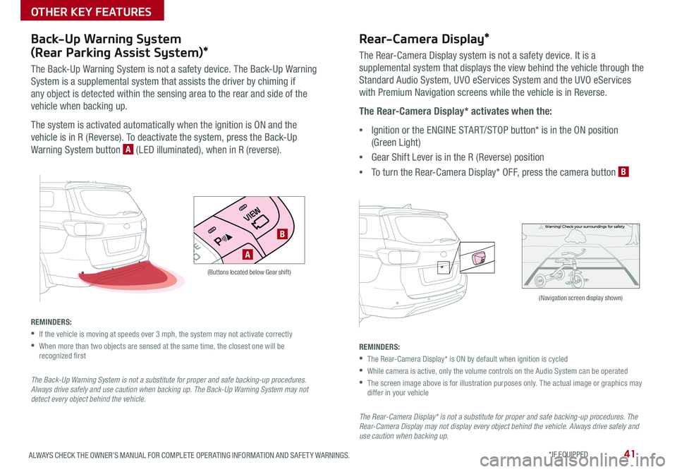 KIA SEDONA 2017 Features and Functions Guide 41ALWAYS CHECK THE OWNER’S MANUAL FOR COMPLETE OPER ATING INFORMATION AND SAFET Y WARNINGS *IF EQUIPPED
Back-Up Warning System
(Rear Parking Assist System)*
The Back-Up Warning System is not a s KIA SEDONA 2017 Features and Functions Guide 41ALWAYS CHECK THE OWNER’S MANUAL FOR COMPLETE OPER ATING INFORMATION AND SAFET Y WARNINGS *IF EQUIPPED
Back-Up Warning System
(Rear Parking Assist System)*
The Back-Up Warning System is not a s