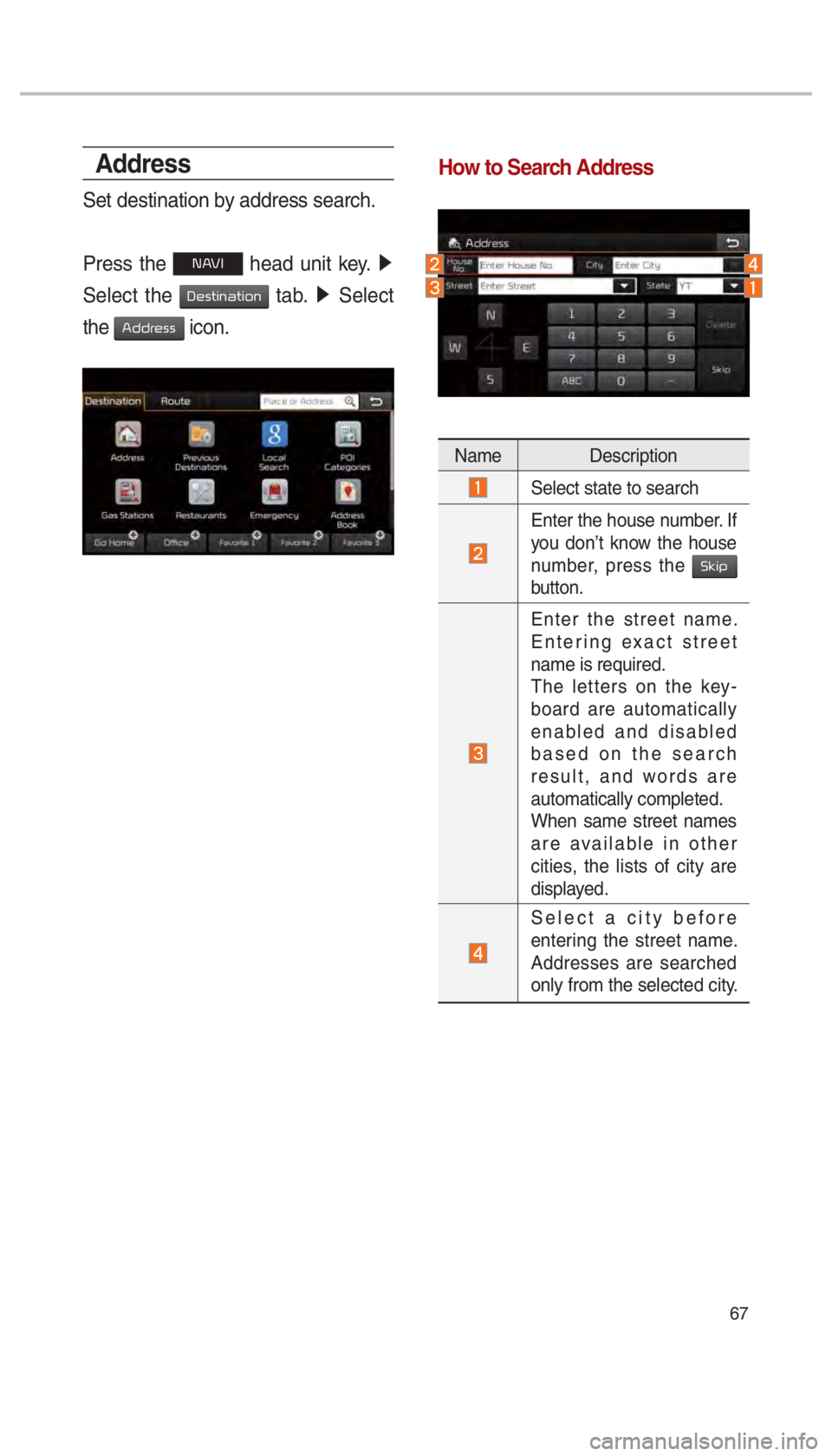 KIA SEDONA 2017  Navigation System Quick Reference Guide 67
Address
Set destination by address search.
Press the 
00310024 head unit key.  0521
 
Select the 
0027004800560057004C005100440057004C00520051 tab.  0521
 Select 
the 
0024004700470055004800560056 