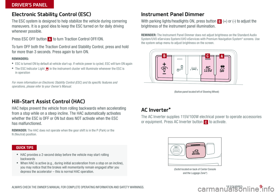 KIA SEDONA 2016  Features and Functions Guide 9
Hill-Start Assist Control (HAC)
HAC helps prevent the vehicle from rolling backwards when accelerating 
from a stop while on a steep incline . The HAC automatically activates 
whether the ESC is OFF