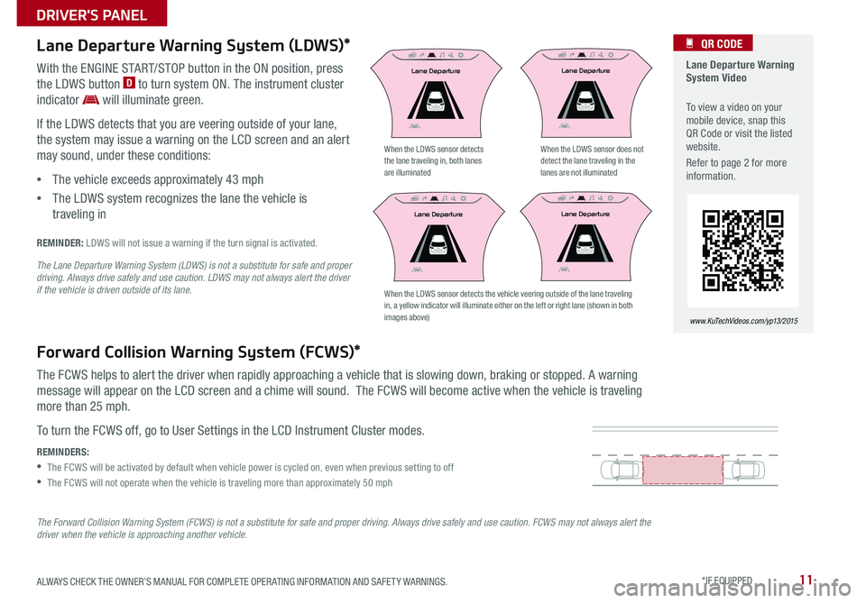 KIA SEDONA 2015  Features and Functions Guide 11
  Lane Departure Warning System Video
 To view a video on your mobile device, snap this QR Code or visit the listed website .
Refer to page 2 for more information  .
   QR CODE
www.KuTechVideos.com