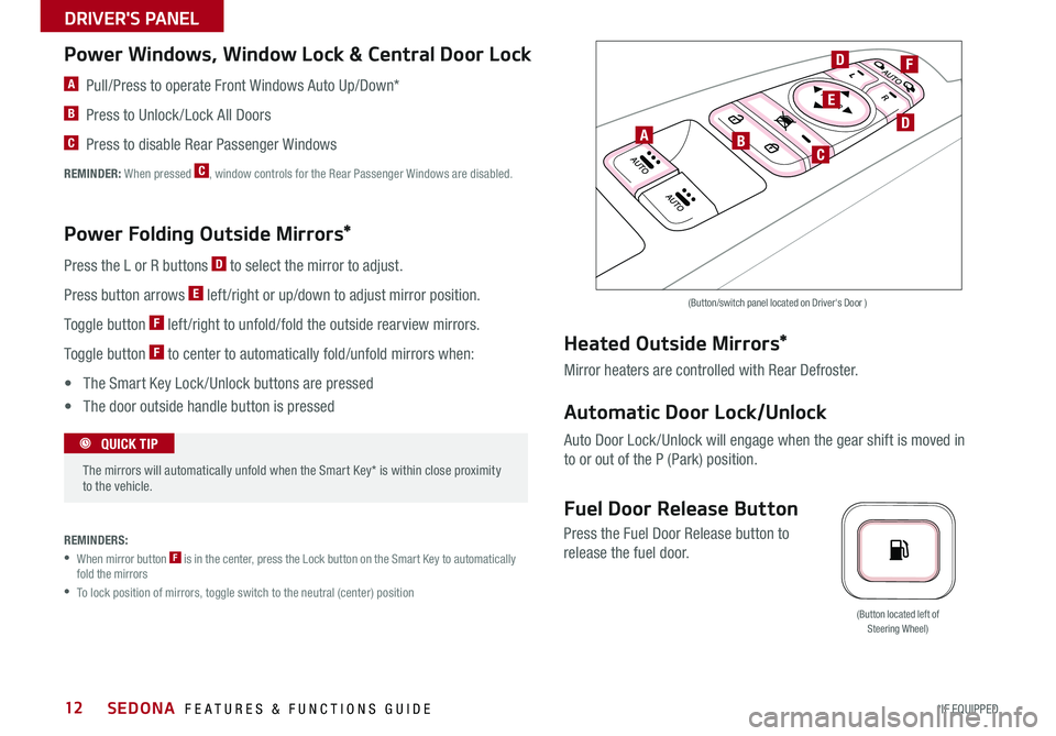 KIA SEDONA 2015  Features and Functions Guide 12
(Button located left of Steering Wheel)
Power Windows, Window Lock & Central Door Lock
Power Folding Outside Mirrors*
Press the L or R buttons D to select the mirror to adjust . 
Press button arrow