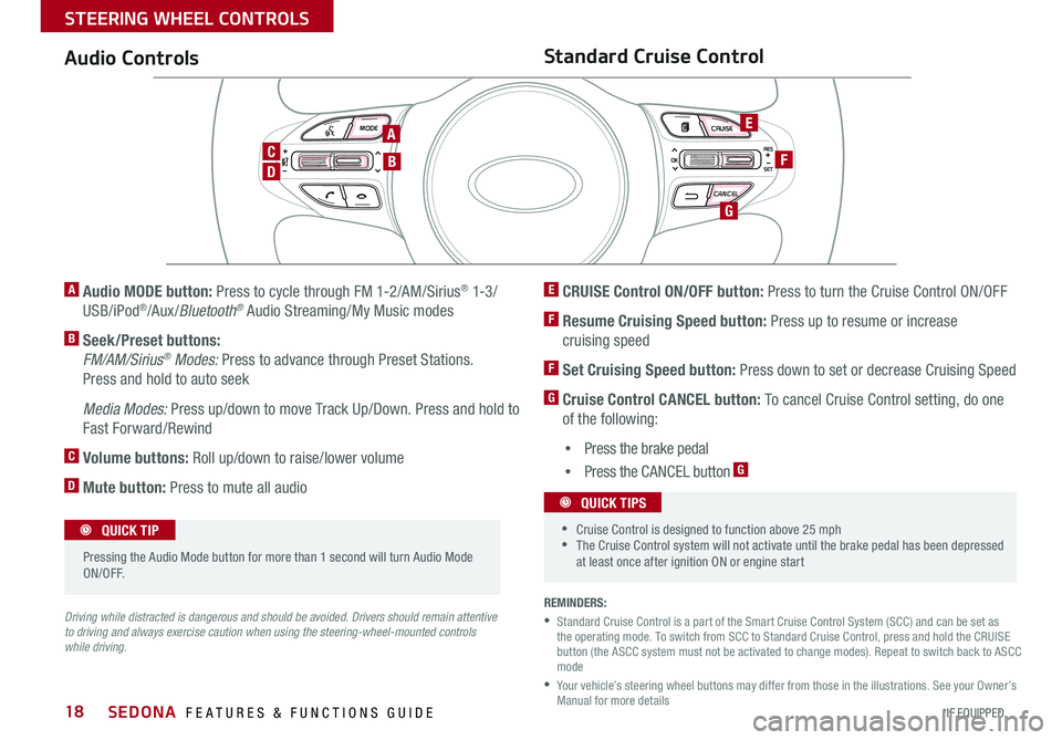 KIA SEDONA 2015 Features and Functions Guide 18
MODE CRUISE
CANCEL
RES
OK
SET
MODE CRUISE
CANCEL
RES
OK
SET
MODE CRUISE
CANCEL
RES
OK
SET
MODE CRUISE
CANCEL
RES
OK
SET
REMINDERS:
• Standard Cruise Control is a part of the Smart Crui KIA SEDONA 2015 Features and Functions Guide 18
MODE CRUISE
CANCEL
RES
OK
SET
MODE CRUISE
CANCEL
RES
OK
SET
MODE CRUISE
CANCEL
RES
OK
SET
MODE CRUISE
CANCEL
RES
OK
SET
REMINDERS:
• Standard Cruise Control is a part of the Smart Crui