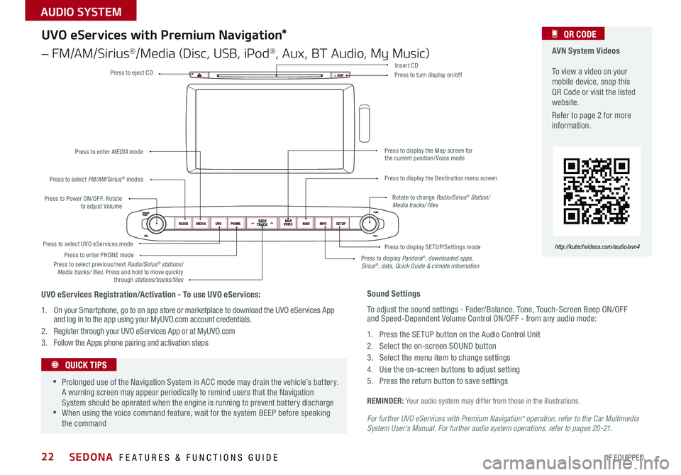 KIA SEDONA 2015 Features and Functions Guide 22
For further UVO eServices with Premium Navigation* operation, refer to the Car Multimedia System User's Manual. For further audio system operations, refer to pages 20-21.
REMINDER: Your audio s KIA SEDONA 2015 Features and Functions Guide 22
For further UVO eServices with Premium Navigation* operation, refer to the Car Multimedia System User's Manual. For further audio system operations, refer to pages 20-21.
REMINDER: Your audio s