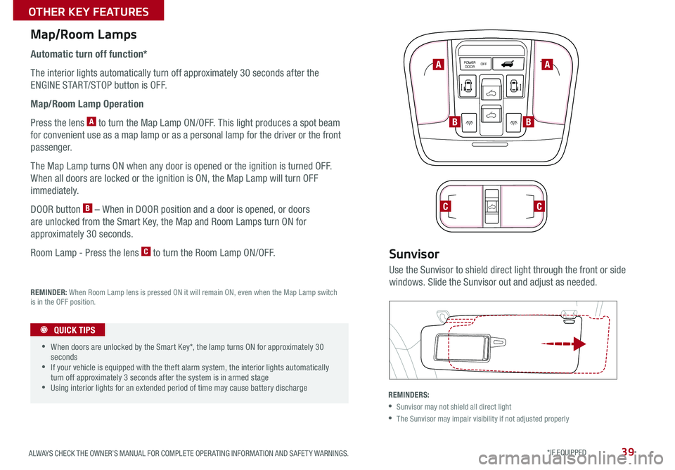 KIA SEDONA 2015  Features and Functions Guide 39
How to Sync Transmitter with HomeLink®*Map/Room Lamps
Automatic turn off function*
The interior lights automatically turn off approximately 30 seconds after the 
ENGINE START/STOP button is OFF .
