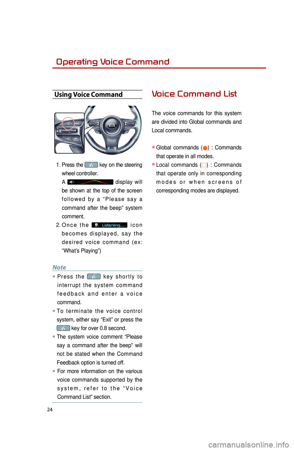 KIA SEDONA 2015  Quick Reference Guide 24
Operating Voice Command
Using Voice Command
1. Press  the  key on the steering 
wheel controller.
A 
 display will 
be shown at the top of the screen 
followed by a “Please say a 
command after t