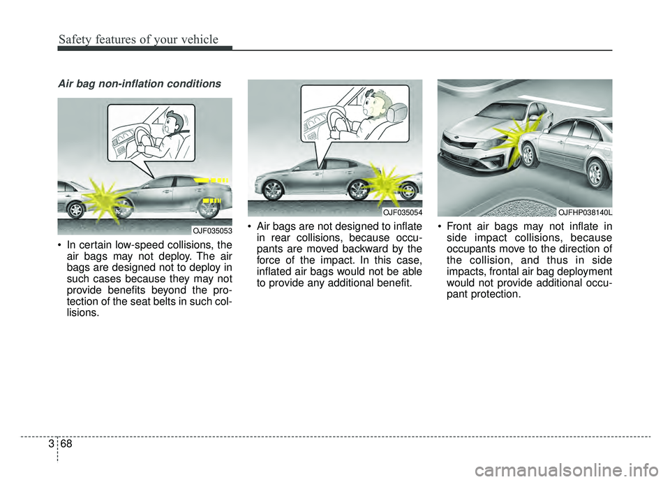 KIA OPTIMA PHEV 2020  Owners Manual Safety features of your vehicle
68
3
Air bag non-inflation conditions
 In certain low-speed collisions, the
air bags may not deploy. The air
bags are designed not to deploy in
such cases because they 