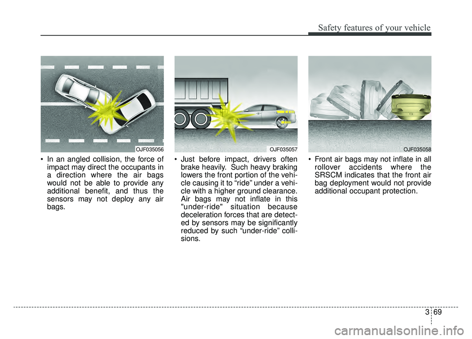 KIA OPTIMA PHEV 2020  Owners Manual 369
Safety features of your vehicle
 In an angled collision, the force ofimpact may direct the occupants in
a direction where the air bags
would not be able to provide any
additional benefit, and thus
