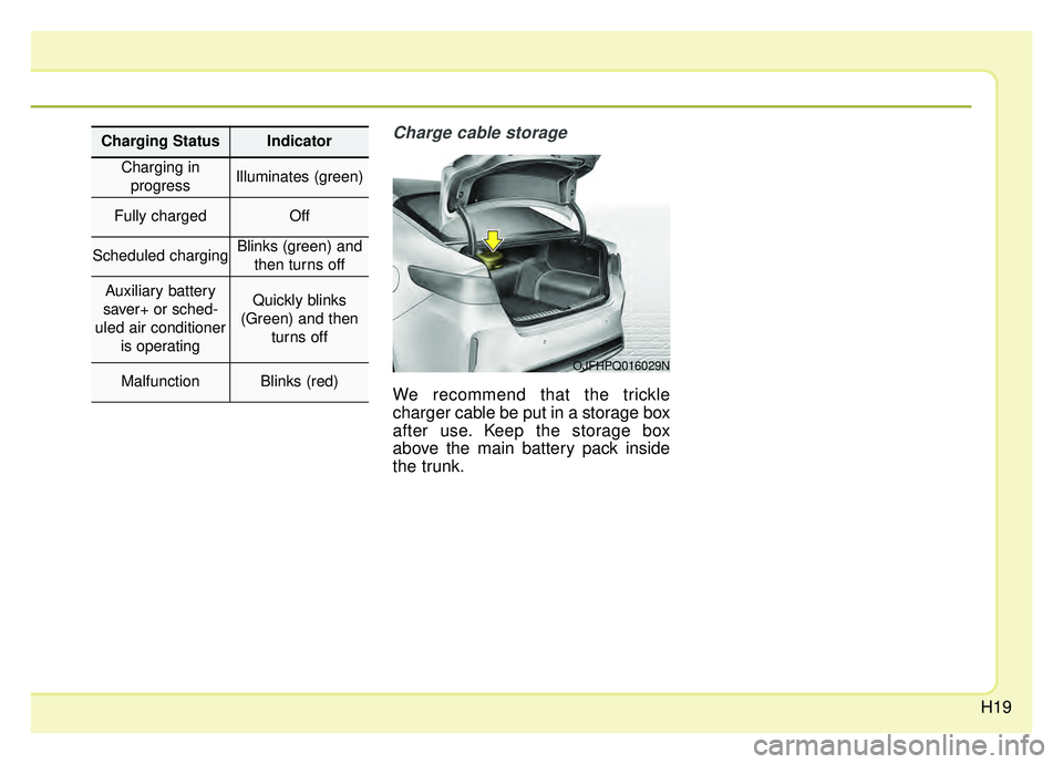 KIA OPTIMA PHEV 2020 Owners Manual H19
Charge cable storage
We recommend that the trickle
charger cable be put in a storage box
after use. Keep the storage box
above the main battery pack inside
the trunk.
OJFHPQ016029N
Charging Status