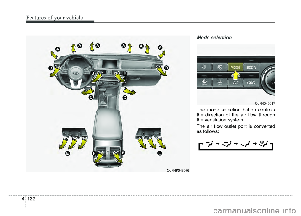 KIA OPTIMA PHEV 2020 Owners Manual Features of your vehicle
122
4
Mode selection
The mode selection button controls
the direction of the air flow through
the ventilation system.
The air flow outlet port is converted
as follows:
OJFHP04 KIA OPTIMA PHEV 2020 Owners Manual Features of your vehicle
122
4
Mode selection
The mode selection button controls
the direction of the air flow through
the ventilation system.
The air flow outlet port is converted
as follows:
OJFHP04