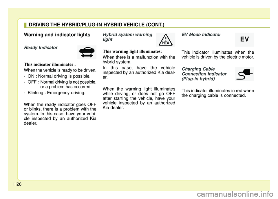 KIA OPTIMA PHEV 2020 Owners Guide H26
Warning and indicator lights
Ready Indicator 
This indicator illuminates :
When the vehicle is ready to be driven.
- ON : Normal driving is possible.
- OFF : Normal driving is not possible,
or a p