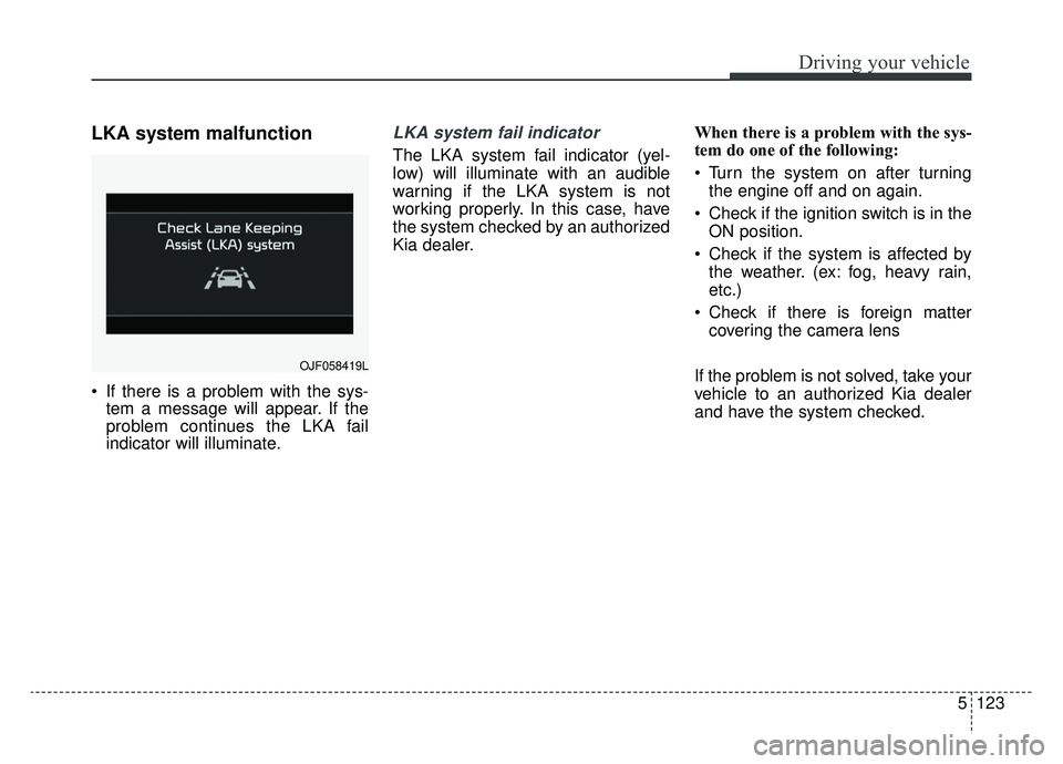 KIA OPTIMA PHEV 2020 Owners Guide 5123
Driving your vehicle
LKA system malfunction
 If there is a problem with the sys-tem a message will appear. If the
problem continues the LKA fail
indicator will illuminate.
LKA system fail indicat