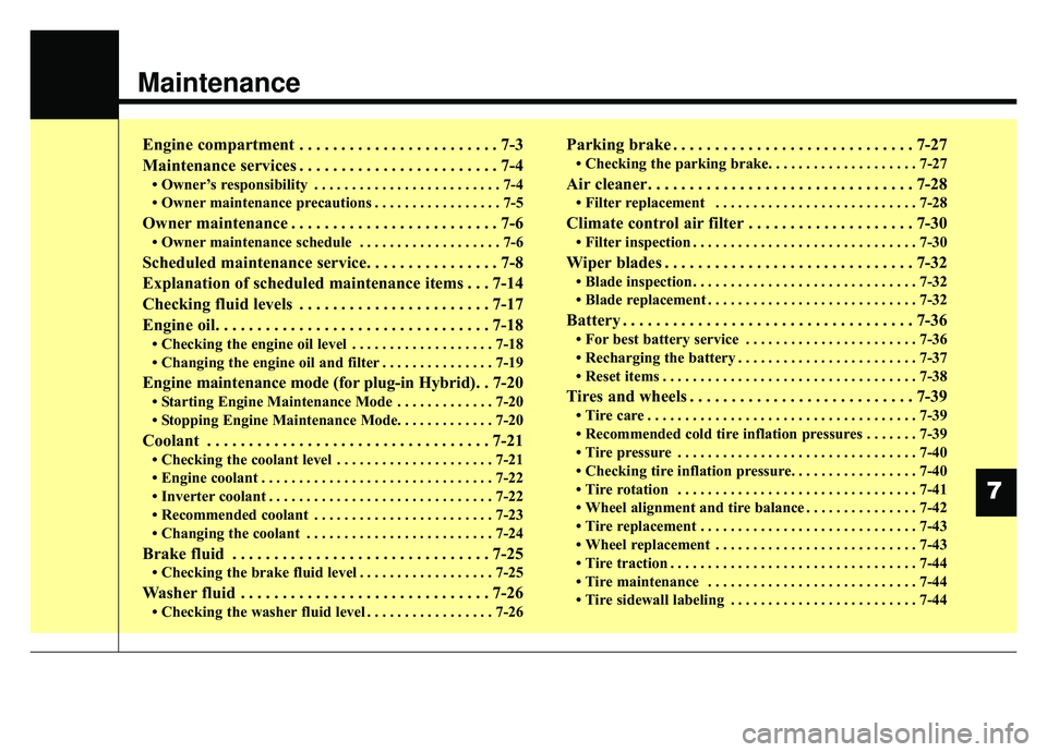 KIA OPTIMA PHEV 2020 Service Manual Maintenance
7
Engine compartment . . . . . . . . . . . . . . . . . . . . . . . . 7-3
Maintenance services . . . . . . . . . . . . . . . . . . . . . . . . 7-4
• Owner’s responsibility . . . . . . .