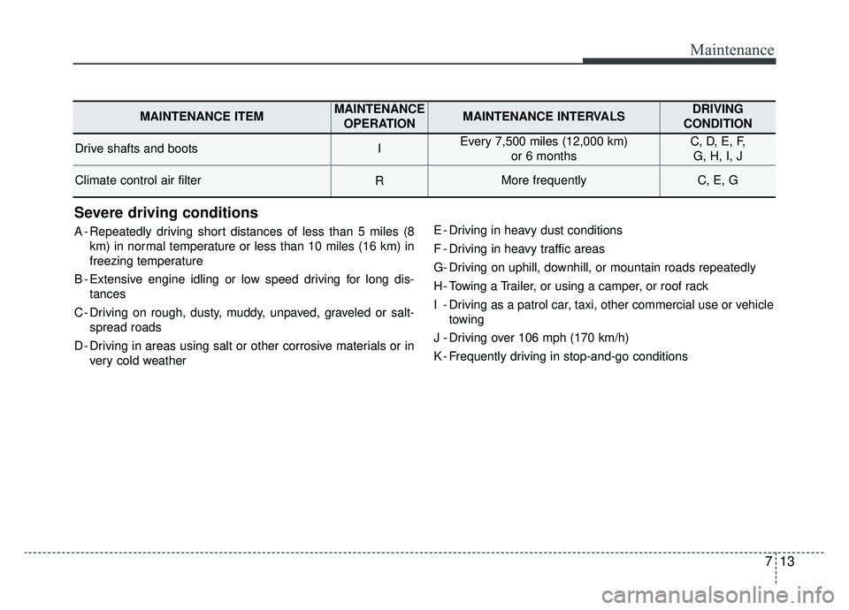 KIA OPTIMA PHEV 2020 Owners Manual 713
Maintenance
Severe driving conditions
A - Repeatedly driving short distances of less than 5 miles (8km) in normal temperature or less than 10 miles (16 km) in
freezing temperature
B - Extensive en KIA OPTIMA PHEV 2020 Owners Manual 713
Maintenance
Severe driving conditions
A - Repeatedly driving short distances of less than 5 miles (8km) in normal temperature or less than 10 miles (16 km) in
freezing temperature
B - Extensive en