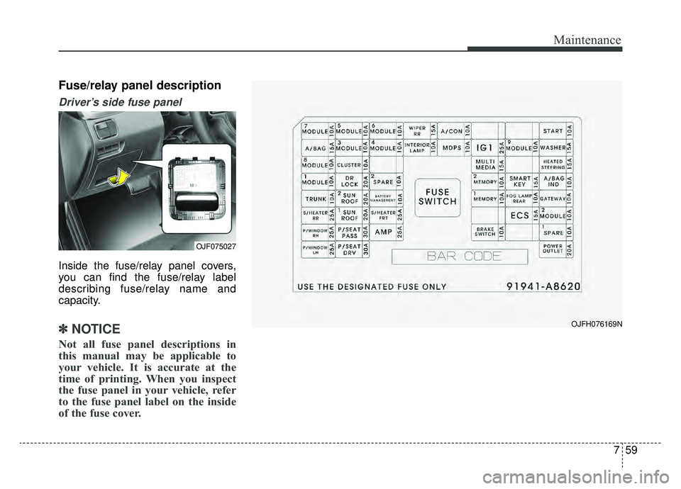 KIA OPTIMA PHEV 2020  Owners Manual 759
Maintenance
Fuse/relay panel description
Driver’s side fuse panel 
Inside the fuse/relay panel covers,
you can find the fuse/relay label
describing fuse/relay name and
capacity.
✽ ✽NOTICE
No