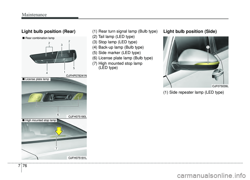 KIA OPTIMA PHEV 2020 Owners Manual Maintenance
76
7
Light bulb position (Rear)(1) Rear turn signal lamp (Bulb type)
(2) Tail lamp (LED type)
(3) Stop lamp (LED type)
(4) Back-up lamp (Bulb type)
(5) Side marker (LED type)
(6) License p KIA OPTIMA PHEV 2020 Owners Manual Maintenance
76
7
Light bulb position (Rear)(1) Rear turn signal lamp (Bulb type)
(2) Tail lamp (LED type)
(3) Stop lamp (LED type)
(4) Back-up lamp (Bulb type)
(5) Side marker (LED type)
(6) License p