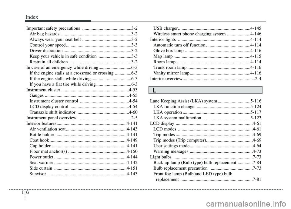 KIA OPTIMA PHEV 2020  Owners Manual Index
6I
Important safety precautions ..........................................3-2Air bag hazards ............................................................3-2
Always wear your seat belt ..........