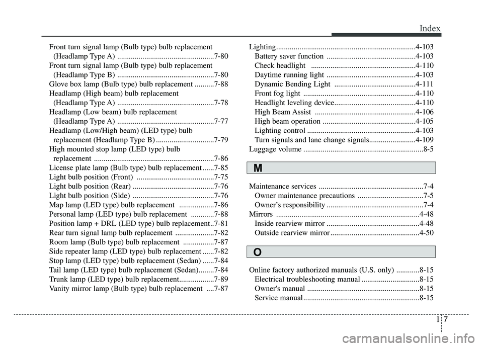 KIA OPTIMA PHEV 2020 Service Manual I7
Index
Front turn signal lamp (Bulb type) bulb replacement (Headlamp Type A) ..................................................7-80
Front turn signal lamp (Bulb type) bulb replacement  (Headlamp Typ