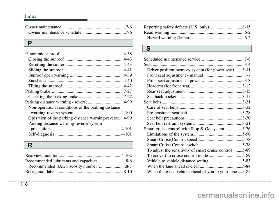 KIA OPTIMA PHEV 2020  Owners Manual Index
8I
Owner maintenance ........................................................7-6Owner maintenance schedule  ......................................7-6
Panoramic sunroof ..........................