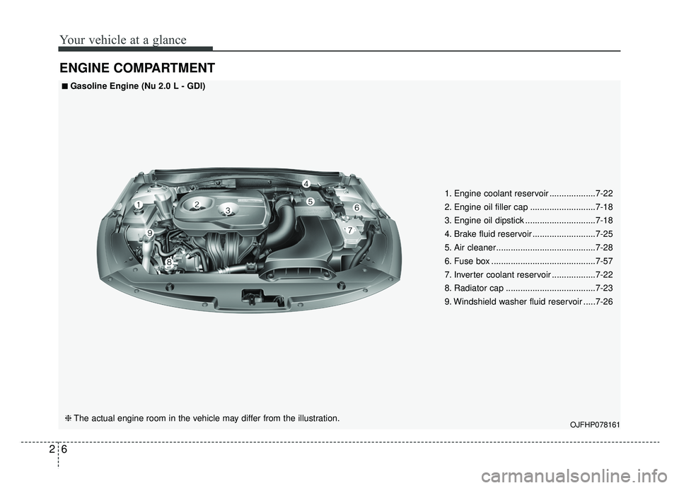 KIA OPTIMA PHEV 2020  Owners Manual Your vehicle at a glance
62
ENGINE COMPARTMENT
OJFHP078161
■ ■
Gasoline Engine (Nu 2.0 L - GDI)
❈ The actual engine room in the vehicle may differ from the illustration. 1. Engine coolant reserv