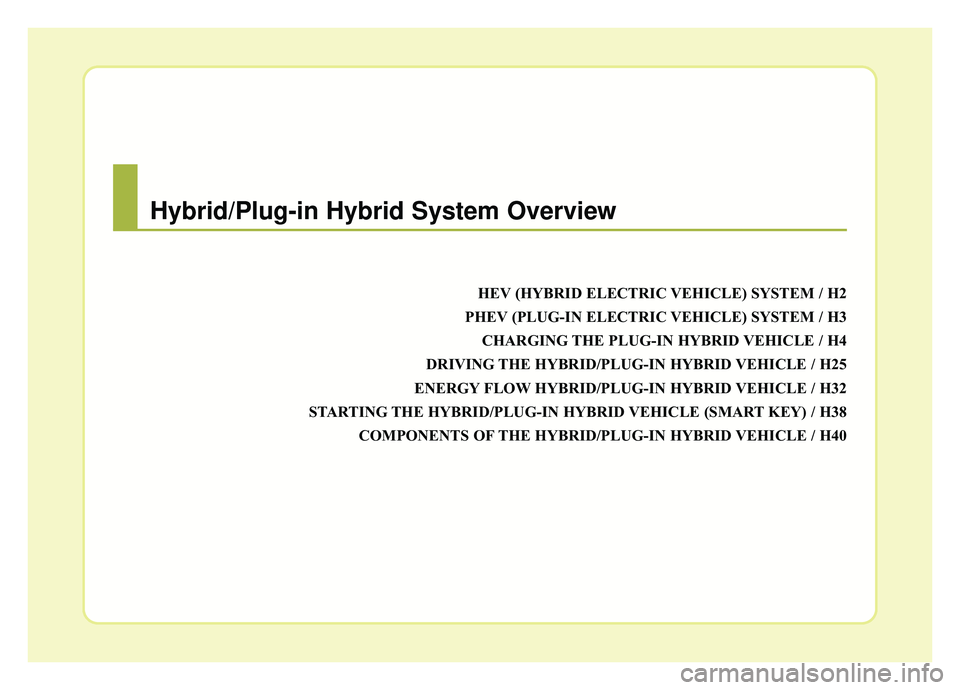 KIA OPTIMA PHEV 2020  Owners Manual HEV (HYBRID ELECTRIC VEHICLE) SYSTEM / H2
PHEV (PLUG-IN ELECTRIC VEHICLE) SYSTEM / H3 CHARGING THE PLUG-IN HYBRID VEHICLE / H4
DRIVING THE HYBRID/PLUG-IN HYBRID VEHICLE / H25
ENERGY FLOW HYBRID/PLUG-I