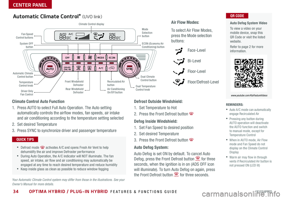 KIA OPTIMA PHEV 2020 Features and Functions Guide 34*IF EQUIPPED OPTIMA HYBRID / PLUG-IN HYBRID FEATURES & FUNCTIONS GUIDE
Defrost Outside Windshield:
1 . Set Temperature to Hot
2 .
Press the Front Defrost button
Defog Inside Windshield:
1 . S KIA OPTIMA PHEV 2020 Features and Functions Guide 34*IF EQUIPPED OPTIMA HYBRID / PLUG-IN HYBRID FEATURES & FUNCTIONS GUIDE
Defrost Outside Windshield:
1 . Set Temperature to Hot
2 .
Press the Front Defrost button
Defog Inside Windshield:
1 . S