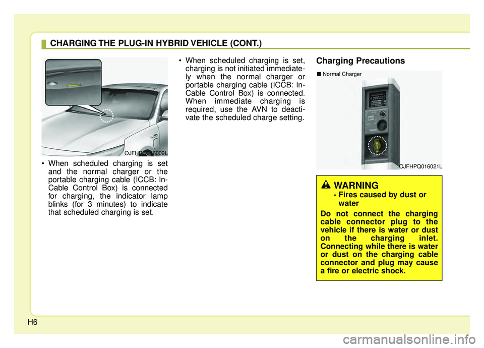 KIA OPTIMA PHEV 2019  Owners Manual H6 When scheduled charging is set
and the normal charger or the
portable charging cable (ICCB: In-
Cable Control Box) is connected
for charging, the indicator lamp
blinks (for 3 minutes) to indicate
t