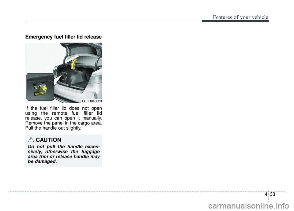 KIA OPTIMA PHEV 2019 Owners Manual 433
Features of your vehicle
Emergency fuel filler lid release
If the fuel filler lid does not open
using the remote fuel filler lid
release, you can open it manually.
Remove the panel in the cargo ar KIA OPTIMA PHEV 2019 Owners Manual 433
Features of your vehicle
Emergency fuel filler lid release
If the fuel filler lid does not open
using the remote fuel filler lid
release, you can open it manually.
Remove the panel in the cargo ar