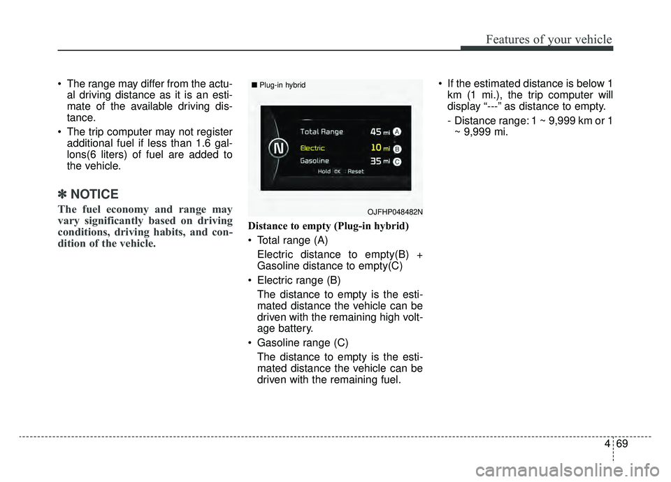 KIA OPTIMA PHEV 2019 Owners Manual 469
Features of your vehicle
The range may differ from the actu-al driving distance as it is an esti-
mate of the available driving dis-
tance.
The trip computer may not register additional fuel if KIA OPTIMA PHEV 2019 Owners Manual 469
Features of your vehicle
The range may differ from the actu-al driving distance as it is an esti-
mate of the available driving dis-
tance.
The trip computer may not register additional fuel if