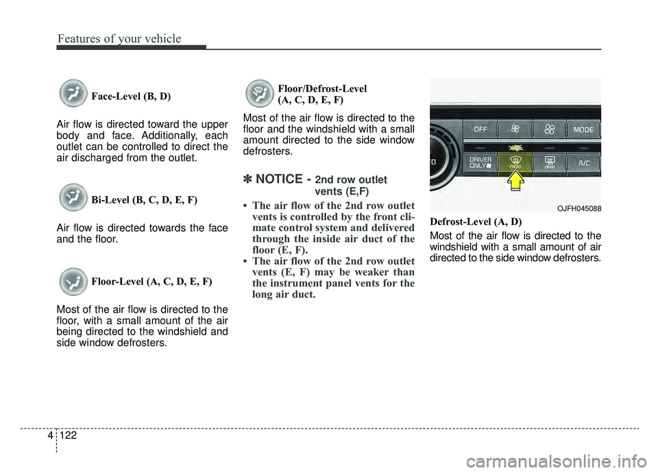 KIA OPTIMA PHEV 2019 Owners Manual Features of your vehicle
122
4
Face-Level (B, D)
Air flow is directed toward the upper
body and face. Additionally, each
outlet can be controlled to direct the
air discharged from the outlet.
Bi-Level KIA OPTIMA PHEV 2019 Owners Manual Features of your vehicle
122
4
Face-Level (B, D)
Air flow is directed toward the upper
body and face. Additionally, each
outlet can be controlled to direct the
air discharged from the outlet.
Bi-Level