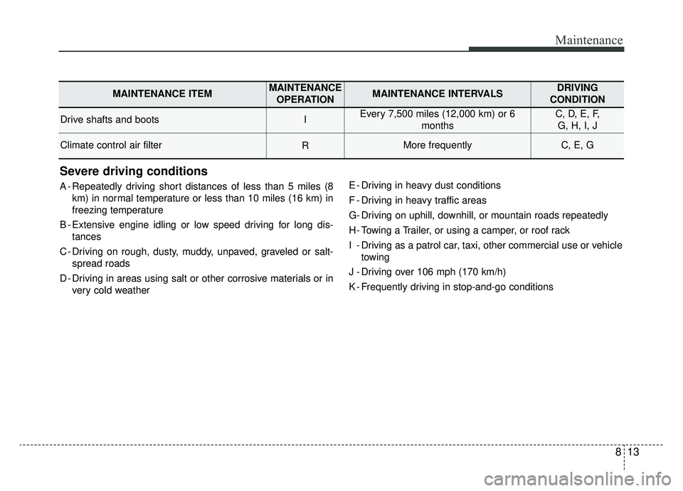 KIA OPTIMA PHEV 2019 Owners Manual 813
Maintenance
Severe driving conditions
A - Repeatedly driving short distances of less than 5 miles (8km) in normal temperature or less than 10 miles (16 km) in
freezing temperature
B - Extensive en KIA OPTIMA PHEV 2019 Owners Manual 813
Maintenance
Severe driving conditions
A - Repeatedly driving short distances of less than 5 miles (8km) in normal temperature or less than 10 miles (16 km) in
freezing temperature
B - Extensive en
