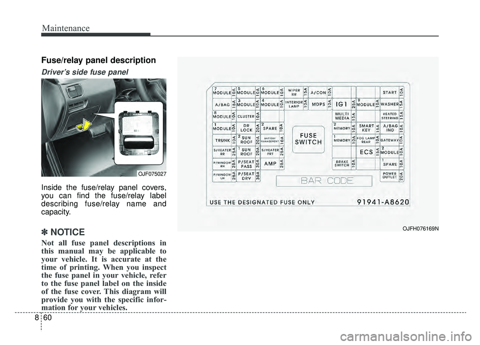 KIA OPTIMA PHEV 2019 Owners Manual Maintenance
60
8
Fuse/relay panel description
Driver’s side fuse panel
Inside the fuse/relay panel covers,
you can find the fuse/relay label
describing fuse/relay name and
capacity.
✽ ✽
NOTICE
KIA OPTIMA PHEV 2019 Owners Manual Maintenance
60
8
Fuse/relay panel description
Driver’s side fuse panel
Inside the fuse/relay panel covers,
you can find the fuse/relay label
describing fuse/relay name and
capacity.
✽ ✽
NOTICE