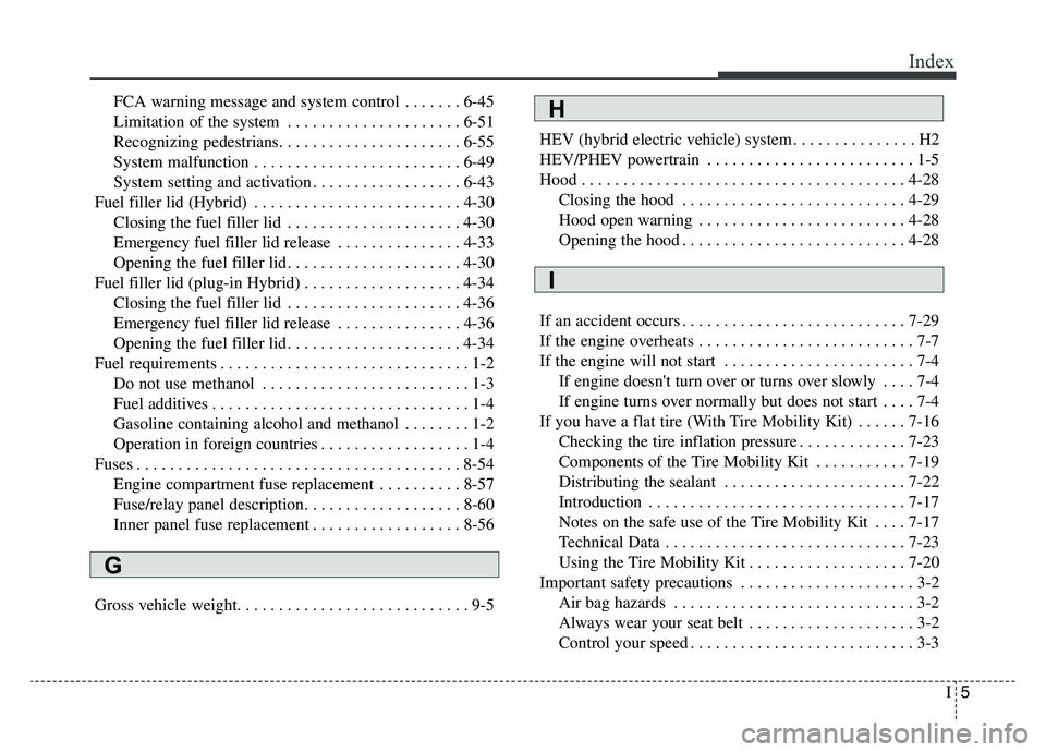 KIA OPTIMA PHEV 2019  Owners Manual I5
Index
FCA warning message and system control . . . . . . . 6-45
Limitation of the system . . . . . . . . . . . . . . . . . . . . . 6-51
Recognizing pedestrians. . . . . . . . . . . . . . . . . . . 