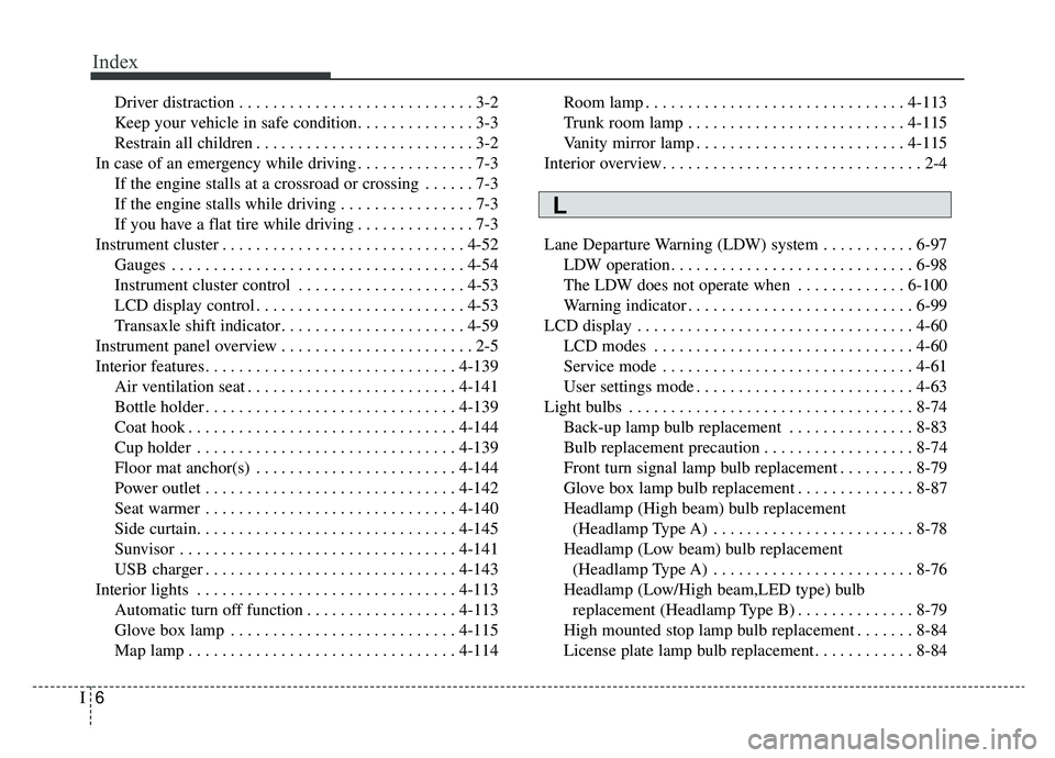 KIA OPTIMA PHEV 2019 Owners Manual Index
6I
Driver distraction . . . . . . . . . . . . . . . . . . . . . . . . . . . . 3-2
Keep your vehicle in safe condition. . . . . . . . . . . . . . 3-3
Restrain all children . . . . . . . . . . . .