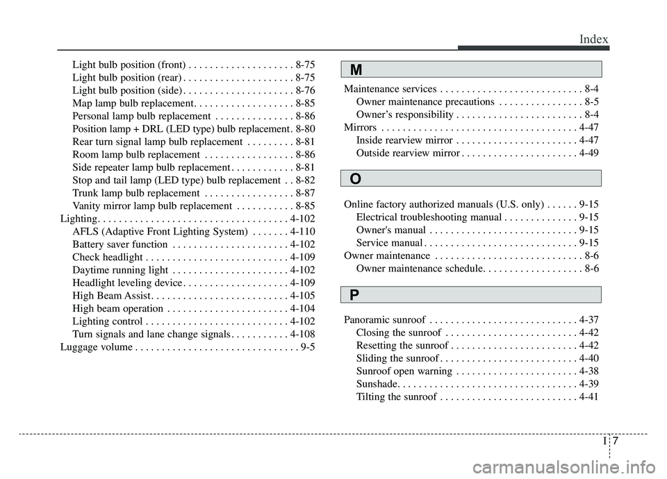 KIA OPTIMA PHEV 2019 Owners Manual I7
Index
Light bulb position (front) . . . . . . . . . . . . . . . . . . . . 8-75
Light bulb position (rear) . . . . . . . . . . . . . . . . . . . . . 8-75
Light bulb position (side) . . . . . . . . . KIA OPTIMA PHEV 2019 Owners Manual I7
Index
Light bulb position (front) . . . . . . . . . . . . . . . . . . . . 8-75
Light bulb position (rear) . . . . . . . . . . . . . . . . . . . . . 8-75
Light bulb position (side) . . . . . . . . .
