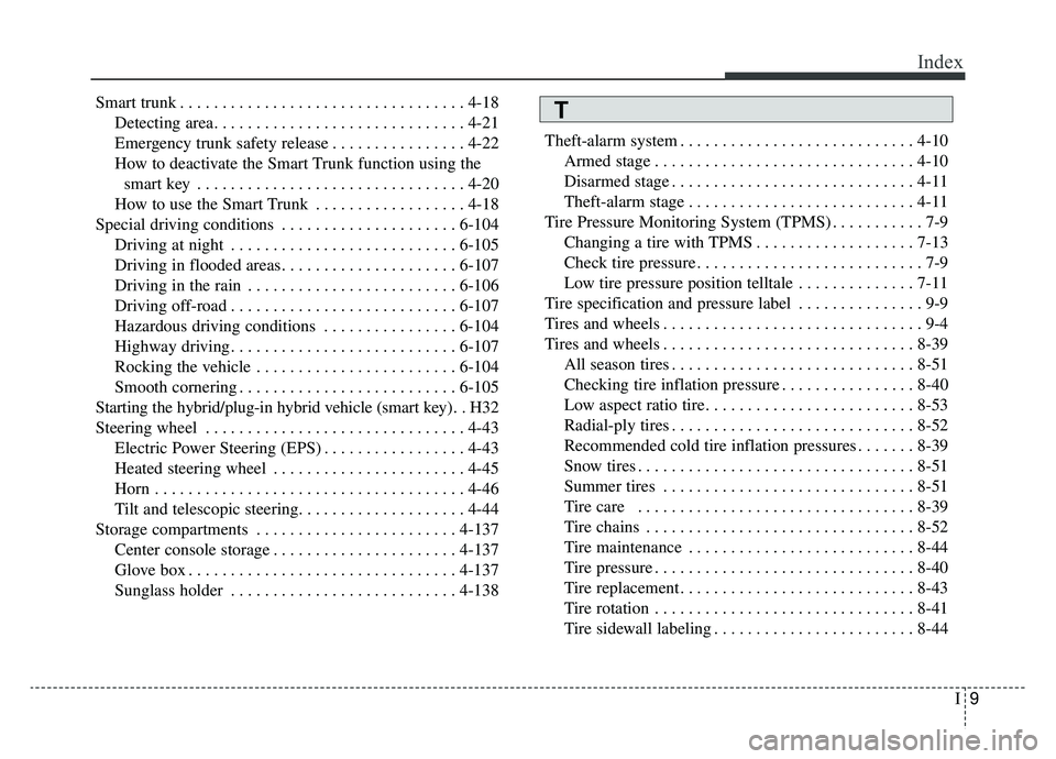 KIA OPTIMA PHEV 2019  Owners Manual I9
Index
Smart trunk . . . . . . . . . . . . . . . . . . . . . . . . . . . . . . . . . . 4-18\
Detecting area. . . . . . . . . . . . . . . . . . . . . . . . . . . . . . 4-21
Emergency trunk safety rel