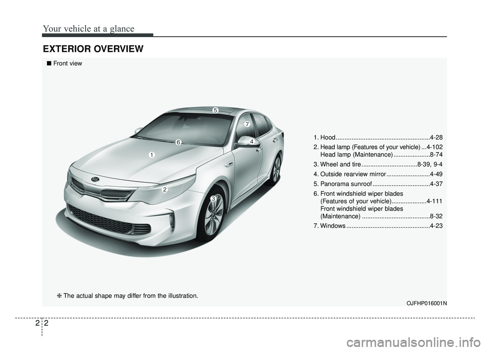 KIA OPTIMA PHEV 2019 Workshop Manual Your vehicle at a glance
22
EXTERIOR OVERVIEW
1. Hood ......................................................4-28
2. Head lamp (Features of your vehicle) ...4-102
Head lamp (Maintenance) .............. KIA OPTIMA PHEV 2019 Workshop Manual Your vehicle at a glance
22
EXTERIOR OVERVIEW
1. Hood ......................................................4-28
2. Head lamp (Features of your vehicle) ...4-102
Head lamp (Maintenance) ..............