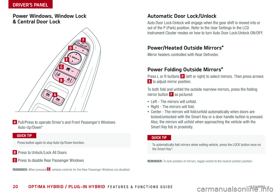 KIA OPTIMA PHEV 2019  Features and Functions Guide 20*IF EQUIPPED OPTIMA HYBRID / PLUG-IN HYBRID  FEATURES & FUNCTIONS GUIDE
Automatic Door Lock/Unlock
Auto Door Lock /Unlock will engage when the gear shift is moved into or  
out of the P (Park) posit