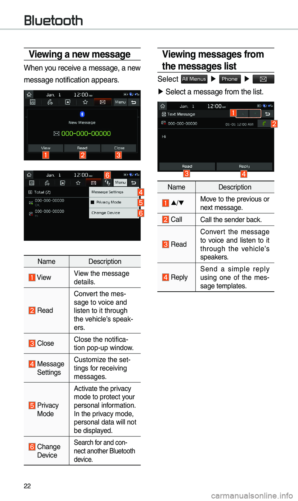 KIA OPTIMA PHEV 2019 Navigation System Quick Reference Guide 22
Viewing a new message
When you receive a \bessage, a new
\bessage notification\e appears.
Na\be Description
ViewView the \bessage
details.
Read
Convert the \bes-
sage to voice and
listen to i KIA OPTIMA PHEV 2019 Navigation System Quick Reference Guide 22
Viewing a new message
When you receive a \bessage, a new
\bessage notification\e appears.
Na\be Description
ViewView the \bessage
details.
Read
Convert the \bes-
sage to voice and
listen to i