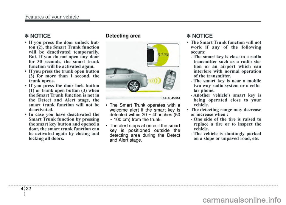 KIA OPTIMA PHEV 2018  Owners Manual Features of your vehicle
22
4
✽
✽
NOTICE
• If you press the door unlock but-
ton (2), the Smart Trunk function
will be deactivated temporarily.
But, if you do not open any door
for 30 seconds, t