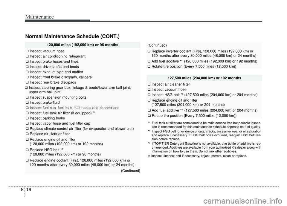 KIA OPTIMA PHEV 2018  Owners Manual Maintenance
16
8
Normal Maintenance Schedule (CONT.)
120,000 miles (192,000 km) or 96 months
❑ Inspect vacuum hose
❑Inspect air conditioning refrigerant
❑Inspect brake hoses and lines
❑Inspect